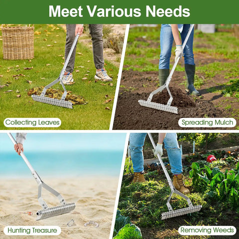 20 Inch Wide Lawn Dethatcher Rake With Long Handle, 19 Curved Tines being used for leaves, mulch, sand, and weeds in yard