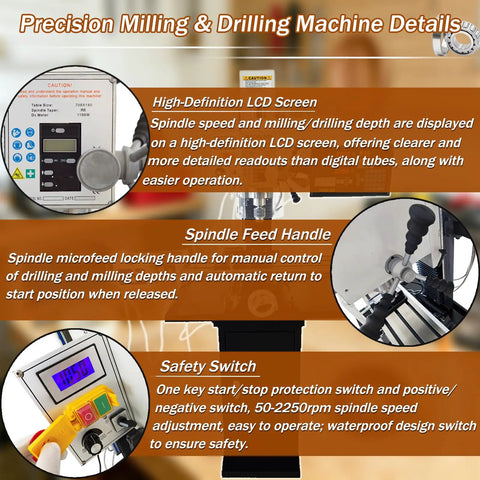 Benchtop Drilling Milling Machine With 1300W Brushless Motor Variable Speed 20 To 2250 RPM showing LCD screen, spindle handle, and safety switch.