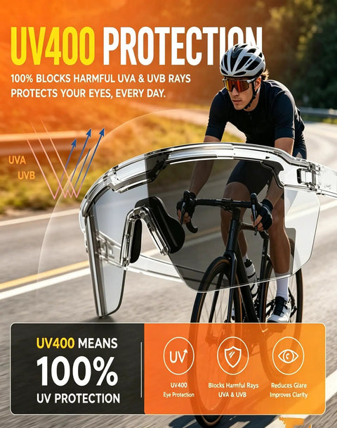 Kickass Photochromic Polarized Safety Glasses With UV400 Protection And Impact Resistant Build For Cycling Driving Work Tasks Ace Eyewear worn by cyclist with reflective lenses