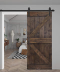 Solid Wood Barn Door 36 Inch By 84 Inch Kona Coffee Finish with Hardware Track Kit installed in a modern room