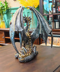Dope Steampunk Dragon Statue Resin Sculpture With Gears And Metallic Finish For Home Decor And Man Cave Gothic Retro Look Collectible Dragon Figurine 12 Inch Tall on a table.