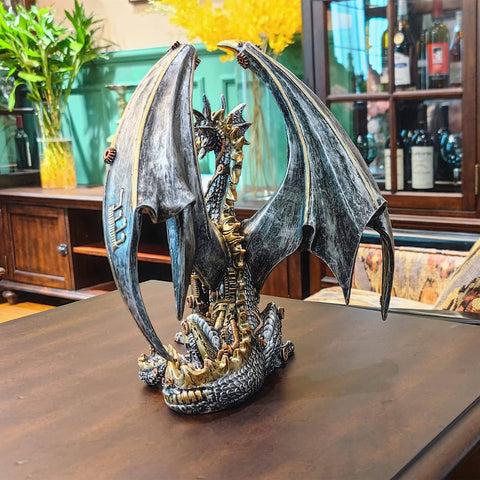 Dope Steampunk Dragon Statue Resin Sculpture With Gears And Metallic Finish For Home Decor And Man Cave Gothic Retro Look Collectible Dragon Figurine 12 Inch Tall on a table.