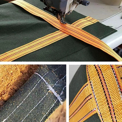 Heavy Duty Canvas Cargo Net For Pallet Lifting in stitching process, 150x150 cm, reinforced handles detail