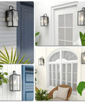 Lit Matte Black Outdoor Wall Lights Pack of 2 with Clear Glass Shade Waterproof Front Porch Sconces for House and Garage Modern Exterior Lighting ETL Listed mounted on exterior walls with plants and windows in view.