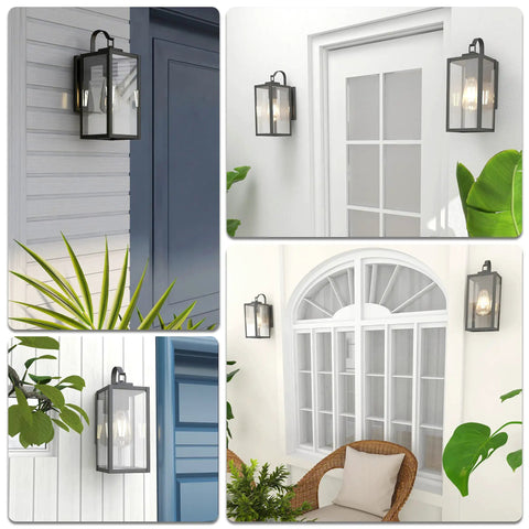 Lit Matte Black Outdoor Wall Lights Pack of 2 with Clear Glass Shade Waterproof Front Porch Sconces for House and Garage Modern Exterior Lighting ETL Listed mounted on exterior walls with plants and windows in view.