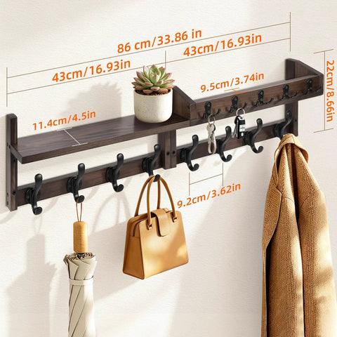 Rock Solid Wall Mounted Coat Rack With Storage Shelf Featuring 13 Heavy Duty Hooks For Seamless Entryway Organization And Quick Home Access With Zero Assembly Hassle displaying shelf, hooks, and accessories.