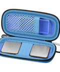 Open blue hard travel case for KardiaMobile EKG monitors 1 Lead 6L 6L Max with pill box, carabiner clip, and anti-shock foam lining