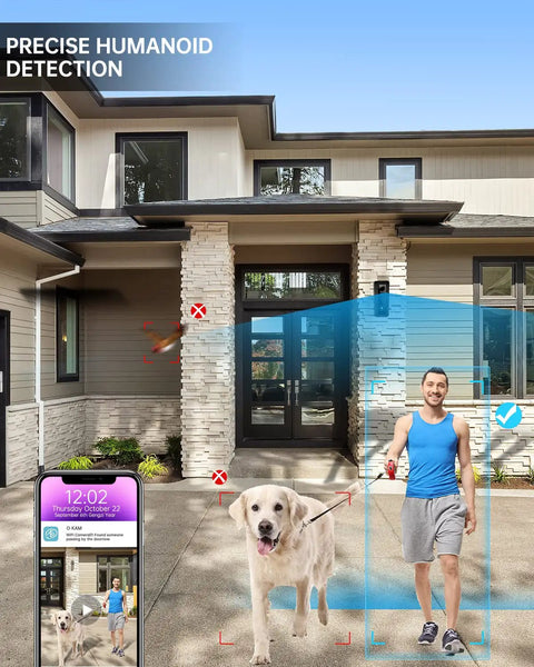 5MP Wireless Doorbell Camera No Monthly Fee detects man and dog at home, showing smart human detection alert on phone app.