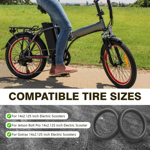 Beefy 14x2.125 Inner Tube For 14 Inch Scooter Tires Thickened Butyl Heavy Duty Replacement With 45 Degree Angled Valve Stem 2 Pack Fits Popular Electric Scooters shown with bicycle and compatibility list