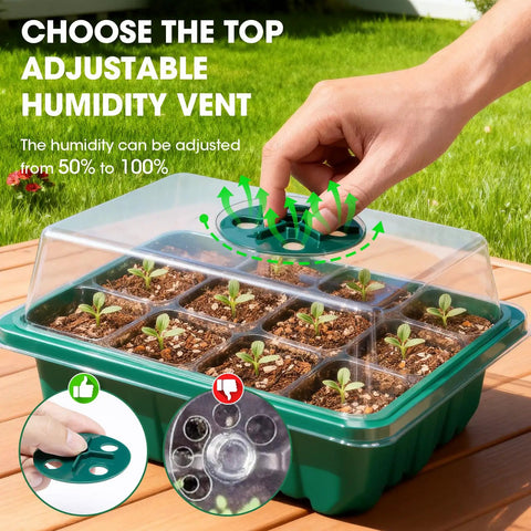 Hand adjusting vent on Five Pack Seed Starter Tray Kit With Humidity Dome And Transparent Drain Hole Base For 60 Cell Trays Indoor