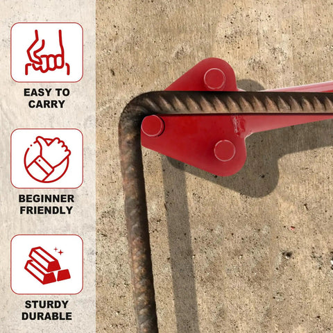 Heavy Duty Manual Rebar Bender For 5/8 Inch Steel Rod, red tool bending steel rod, displaying easy to carry and sturdy features.
