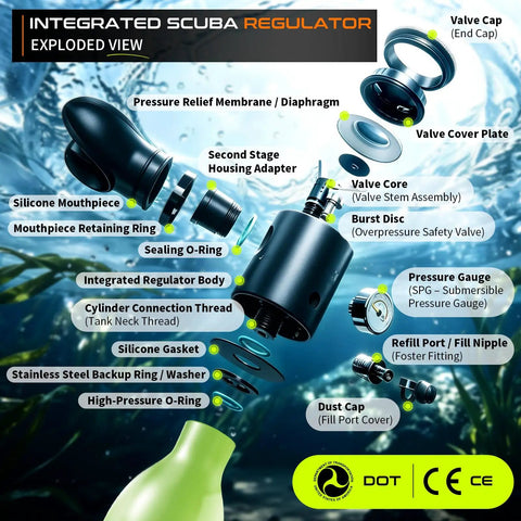 Exploded view of scuba regulator parts from Mini Scuba Tank With Dot Certification Portable Diving Kit With Optional Snorkel Mask Combo.