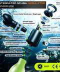 Exploded view of integrated scuba regulator for Compact 0.5L Mini Scuba Tank Backup Air, includes valve, gauge, and components.