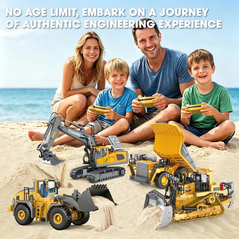 Family playing with 4 In 1 Remote Control Construction Vehicle Set with Excavator, Dump Truck, Bulldozer, Loader on a beach.