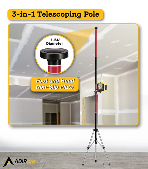Pro Grade Laser Level Pole Kit With Tripod And Mount For Rotary And Line Lasers shown with 3-in-1 telescoping pole