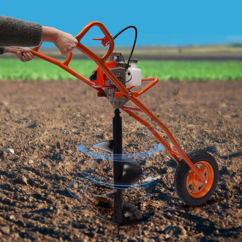 Kebayuneth 63CC gas-powered earth auger with orange frame, single wheel, drilling into soil.