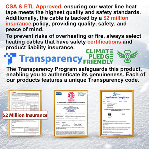 HEATIT heating cable for water pipes by Amazon; CSA and ETL certified with insurance and certificate logos.