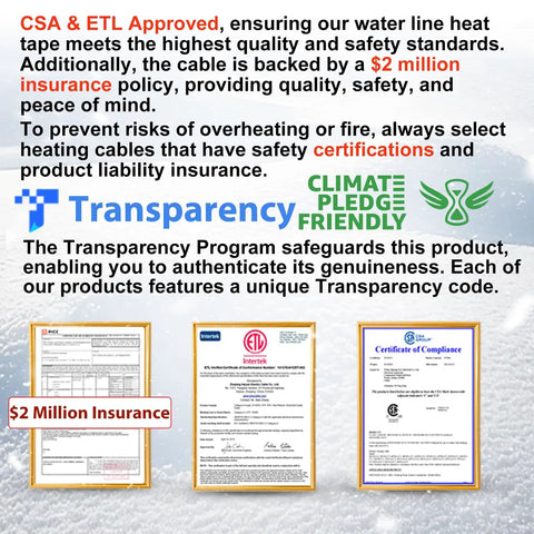 CSA & ETL certified documents for Water Pipe Heat Tape, insurance policy details, Transparency code for product authenticity.