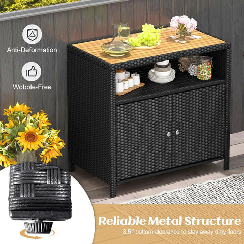 Outdoor Rattan Storage Cabinet With Acacia Wood Countertop Weatherproof Two Door Wicker Sideboard with Open Shelf, Black