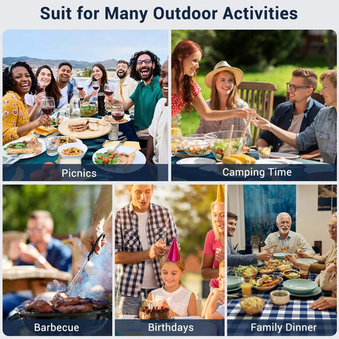 Collage of people enjoying picnics, barbecues, camping, and family dinners, showcasing the versatility of outdoor gatherings.