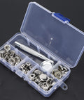 Stainless Steel Self Tapping Snap Button Kit With 62 Pieces Fasteners For Home Furniture Fixing Includes 20 Top Fasteners 20 Female Buckles 20 Male Buckles Mounting Rod And Durable Base Tool For Pro Grade DIY Projects in clear storage case