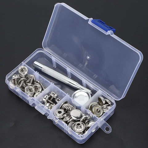 Stainless Steel Self Tapping Snap Button Kit With 62 Pieces Fasteners For Home Furniture Fixing Includes 20 Top Fasteners 20 Female Buckles 20 Male Buckles Mounting Rod And Durable Base Tool For Pro Grade DIY Projects in clear storage case