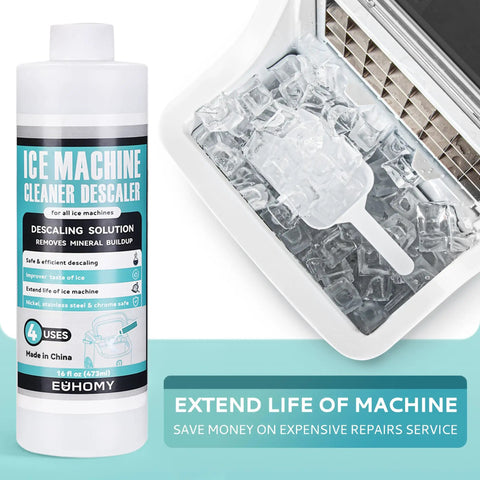 16 Fl Oz Ice Maker Descaler Cleaner Universal Descaling Solution For All Brand Ice Makers The Go To Non Toxic Citric Acid Formula Odor Free Safe On Nickel Stainless Chrome Also Great For Coffee And Espresso Machines bottle beside ice maker tray