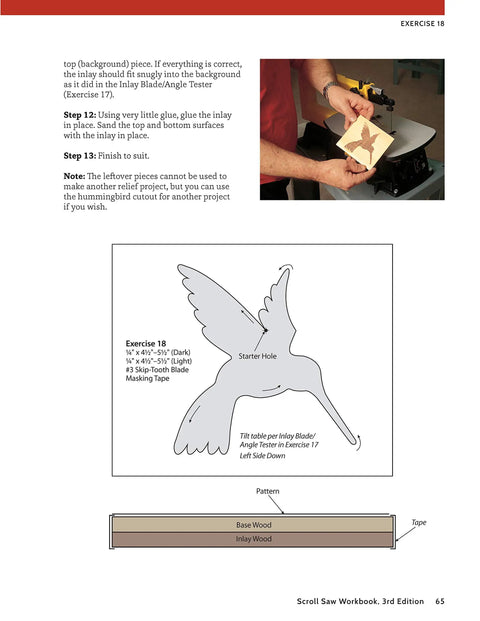 Image from Scroll Saw Workbook Third Edition showing hummingbird inlay pattern on wooden base for crafting.