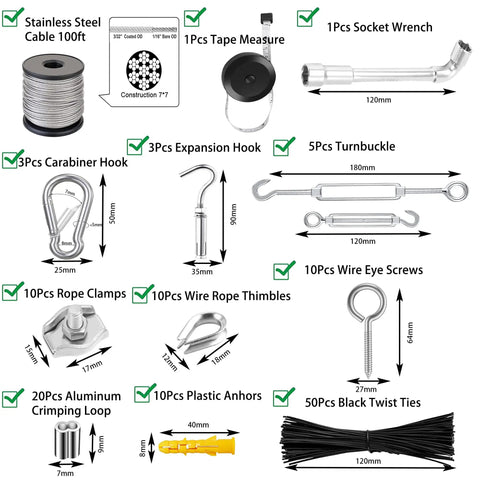 Components of Stainless Steel One Eighth Inch Cable And Turnbuckle Kit For String Lights And Outdoor Projects, 165 Feet Wire Rope