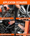 10 Piece Flex Head Ratchet Set with 1/4, 3/8, and 1/2 Inch Drives in use for automotive and bike repairs
