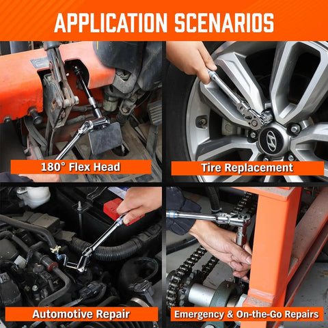 10 Piece Flex Head Ratchet Set with 1/4, 3/8, and 1/2 Inch Drives in use for automotive and bike repairs