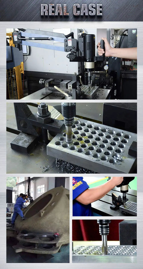 Heavy Duty 1200W Electric Tapping Machine For M6 To M30 Steel And Aluminum Holes in use on metal, showcasing precision tapping.