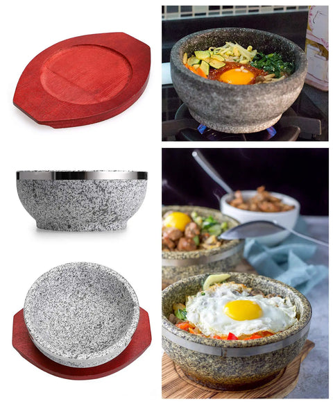 Dolsot Bibimbap Bowl 32 Oz Granite Stone Bowl With Wood Base shown with food and wood base for Korean soup rice and stew