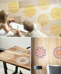 Children using Nine Pack 12x12 Mandala Stencil Set for painting on wood floor; mandala patterns on table and wall