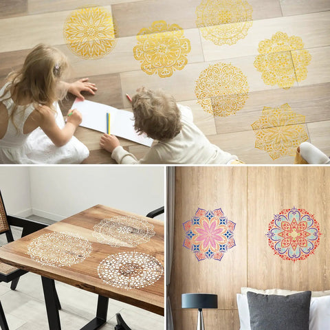 Children using Nine Pack 12x12 Mandala Stencil Set for painting on wood floor; mandala patterns on table and wall