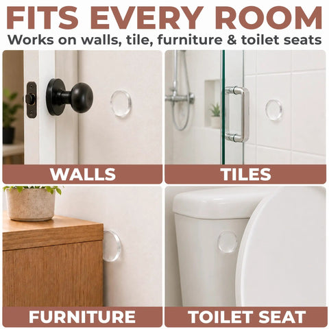 Clear Silicone Door Knob Wall Protectors 2 Inch Flat Profile Self Adhesive Bumpers on walls, furniture, tiles, and toilet seats.