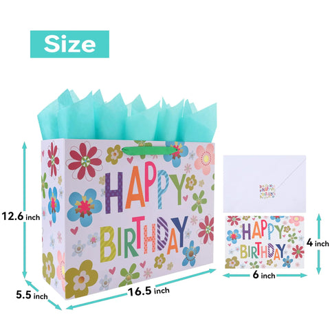 Sixteen Point Five Inch Extra Large Colorful Happy Birthday Gift Bag Set With Handles Greeting Card Tissue Paper And Stickers