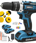 Tough As Nails 21v Cordless Drill Driver Kit with two batteries, cleaning brushes, and accessories for heavy-duty home repair.