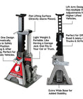 Front and side view of 3 Ton Bottle Jack And Jack Stands In One Car Lift For SUVs And Trucks Heavy Duty Unijack With Wide Base 6000 Pound Capacity Built In Ratcheting Safety Bar For Secure Lifts, displaying features and labels.