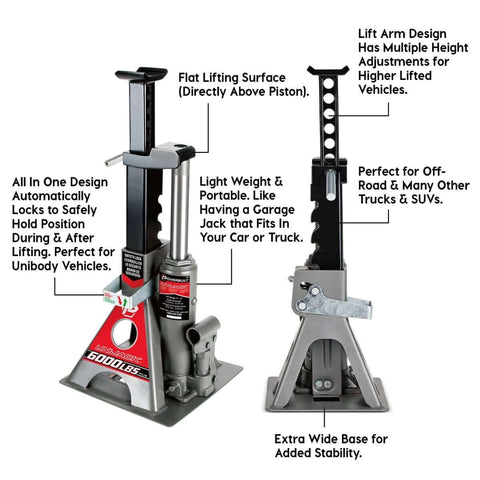 Front and side view of 3 Ton Bottle Jack And Jack Stands In One Car Lift For SUVs And Trucks Heavy Duty Unijack With Wide Base 6000 Pound Capacity Built In Ratcheting Safety Bar For Secure Lifts, displaying features and labels.