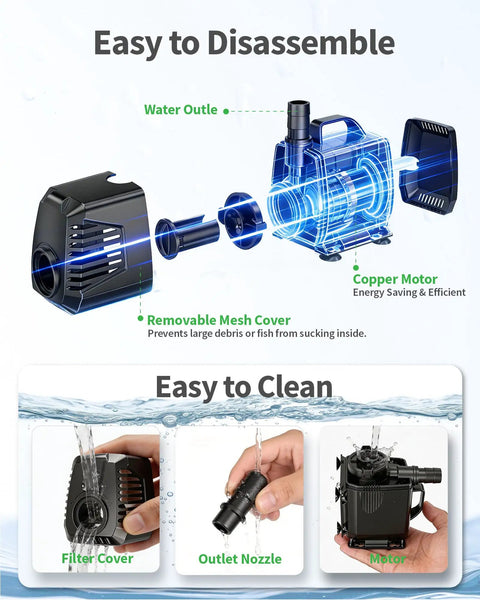 Submersible Pond Pump 200 GPH 700 LPH 12W Ultra Quiet With Overheating Protection And Built In Filter Sponge 5.9 Ft Lift shown disassembled