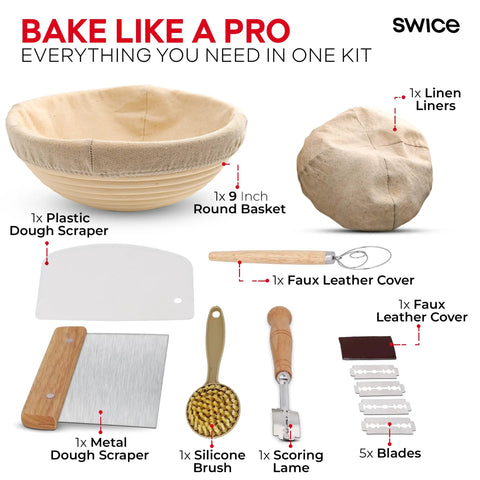 Round 9 Inch Banneton Proofing Basket Starter Kit With Lame Dough Scraper Linen Liner And Basting Brush For Perfectly Shaped Sourdough Loaves All In One Bread Making Tools displayed with components