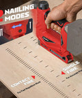 Badass Cordless Brad Nailer and T-50 Staple Gun 2-In-1 Powerhouse Featherlight 3Lb Tool demonstrating 2 nailing modes on wood.