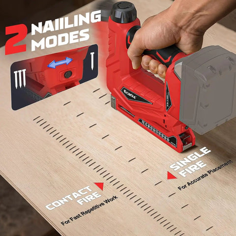Badass Cordless Brad Nailer and T-50 Staple Gun 2-In-1 Powerhouse Featherlight 3Lb Tool demonstrating 2 nailing modes on wood.