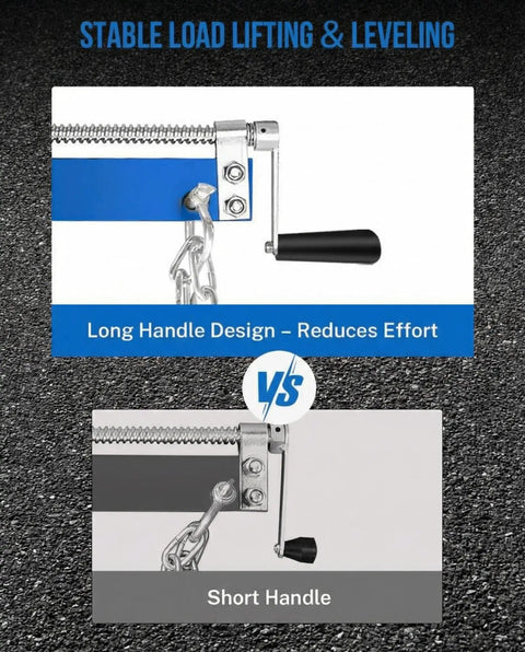 Comparison of long handle versus short handle designs for Heavy Duty Two Ton Shop Crane Engine Hoist hydraulic lifter.