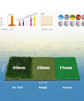 Golf mat dimensions with rubber and wood tees, showing 40mm tee turf, 20mm rough, 18mm fairway sections for practice use.
