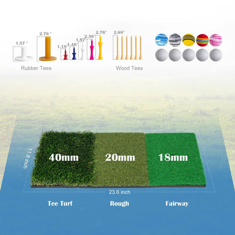Golf mat dimensions with rubber and wood tees, showing 40mm tee turf, 20mm rough, 18mm fairway sections for practice use.