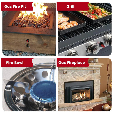 Collage of gas fire pit, grill, fire bowl, and gas fireplace setups displayed in an outdoor setting.