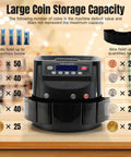 Automatic Coin Counter And Sorter With LCD Display That Rolls Through 270 Coins Per Minute, showing coin storage with capacity details