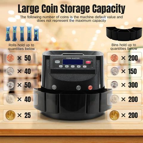 Automatic Coin Counter And Sorter With LCD Display That Rolls Through 270 Coins Per Minute, showing coin storage with capacity details